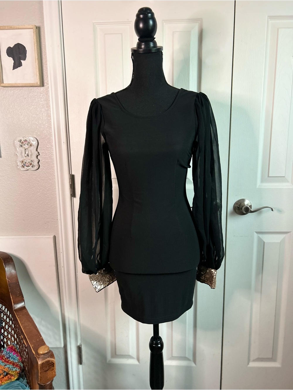 Red Clover black sheer open back long sleeve mini cocktail dress